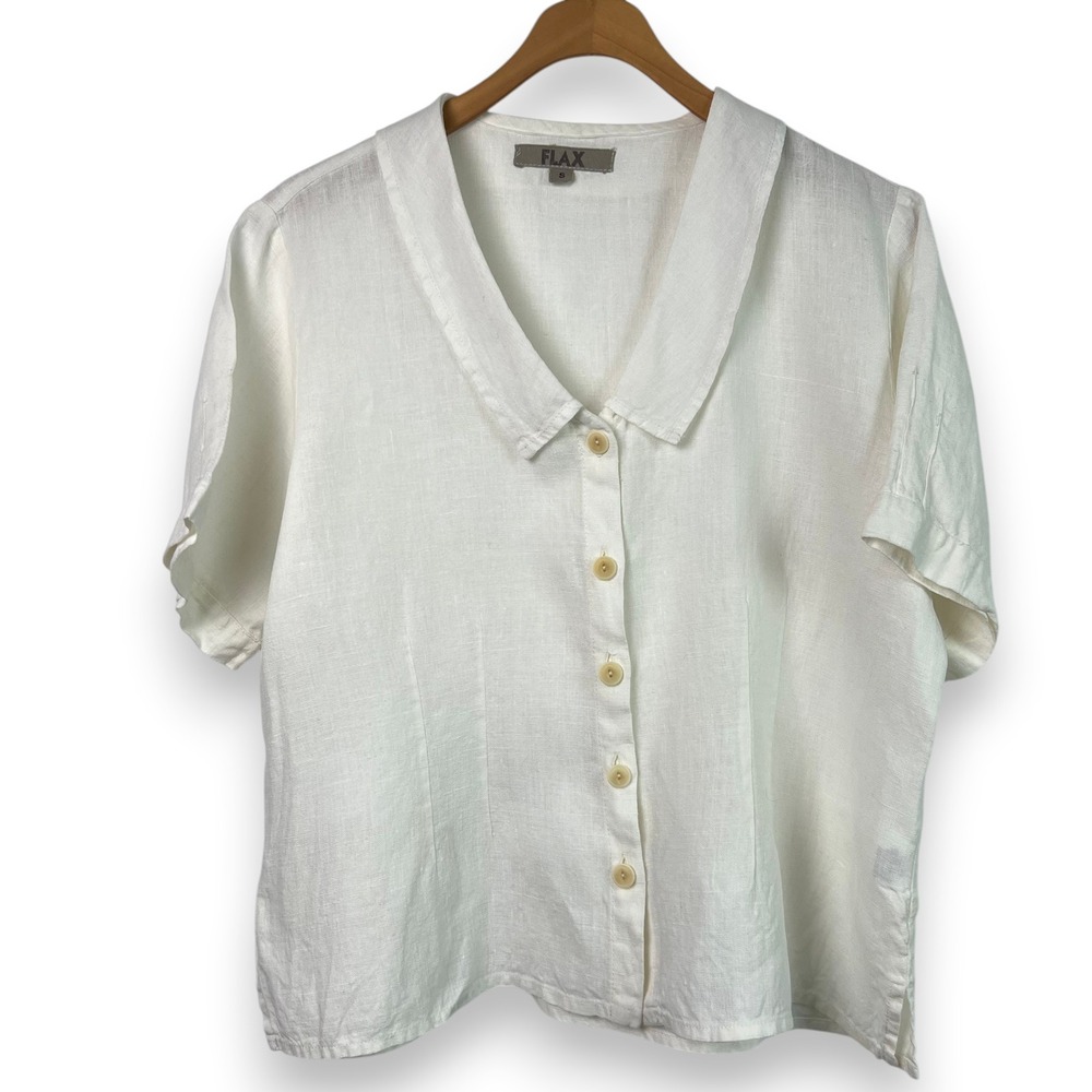 Flax White 100% Linen Short Sleeve Button Down Top Womens Small Minimalist